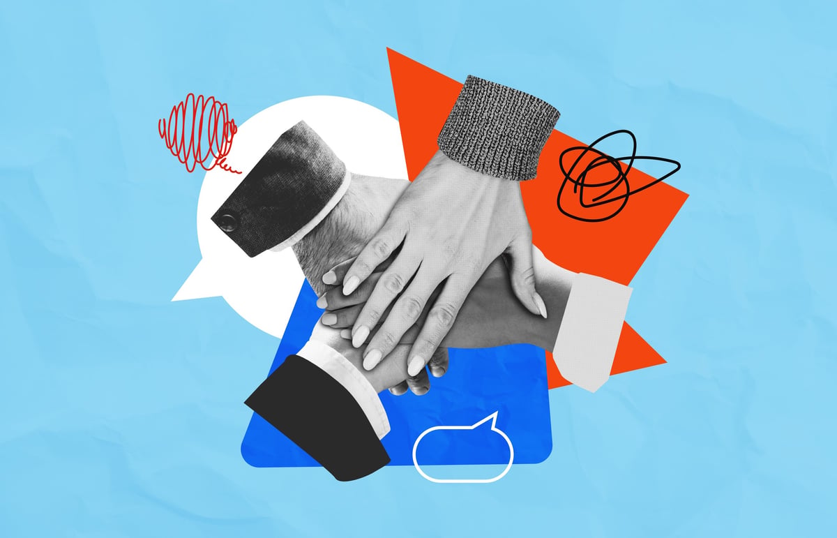 Hands joined in unity, illustrating the collaborative way our team works together